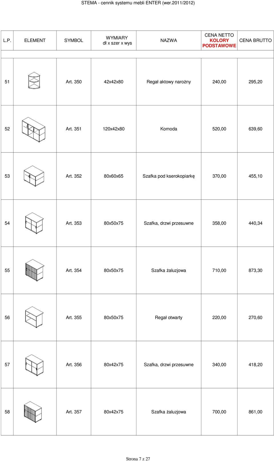 353 80x50x75 Szafka, drzwi przesuwne 358,00 440,34 55 Art. 354 80x50x75 Szafka żaluzjowa 710,00 873,30 56 Art.