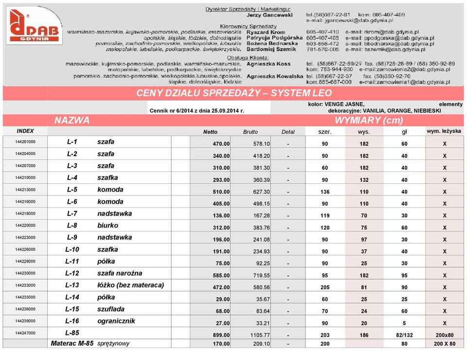 00 293.00 360.39 90 132 40 X 144213000 L5 komoda 510.00 510.00 627.30 136 110 40 X 144216000 L6 komoda 405.00 405.00 498.15 90 110 40 X 144218000 L7 nadstawka 136.00 136.00 167.