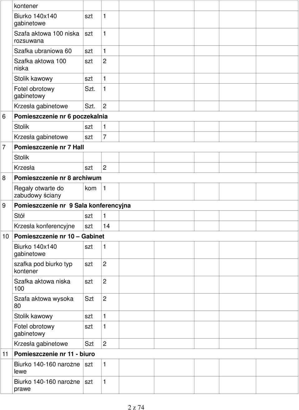 2 6 Pomieszczenie nr 6 poczekalnia Stolik szt 1 Krzesła gabinetowe szt 7 7 Pomieszczenie nr 7 Hall Stolik Krzesła szt 2 8 Pomieszczenie nr 8 archiwum Regały otwarte do zabudowy ściany kom 1 9