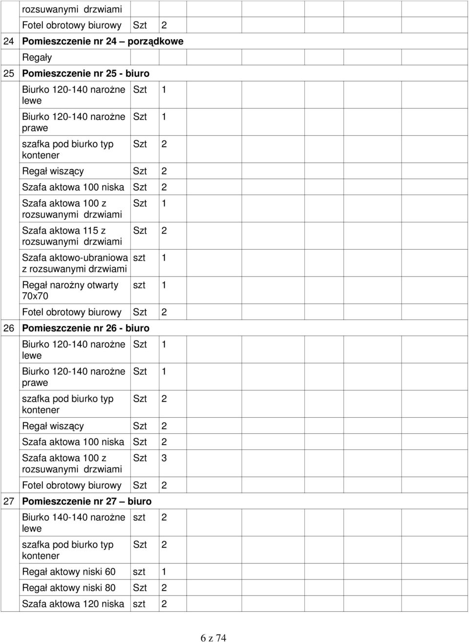 drzwiami Regał narożny otwarty 70x70 Szt 1 Szt 2 szt 1 szt 1 Fotel obrotowy biurowy Szt 2 26 Pomieszczenie nr 26 - biuro Biurko 120-140 narożne lewe Biurko 120-140 narożne prawe szafka pod biurko typ