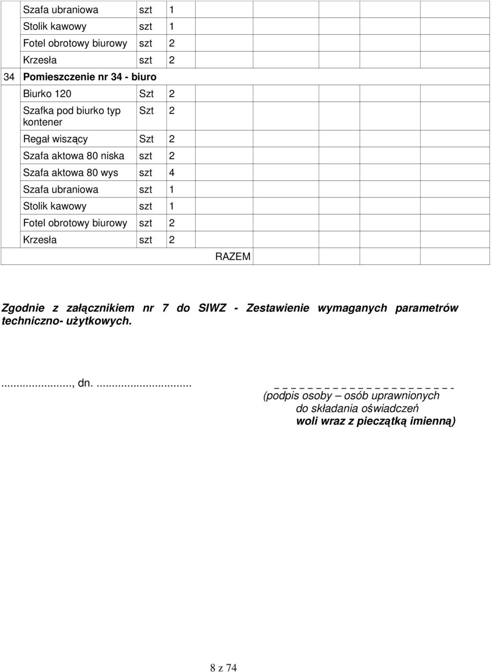 Stolik kawowy szt 1 Fotel obrotowy biurowy szt 2 Krzesła szt 2 RAZEM Zgodnie z załącznikiem nr 7 do SIWZ - Zestawienie wymaganych