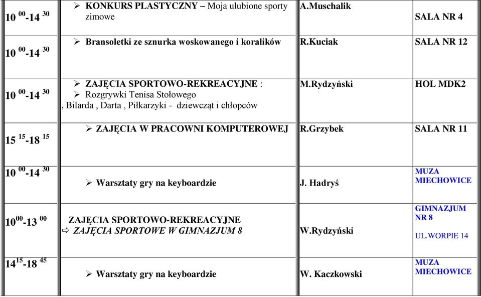 Rydzyński HOL MDK2 15 15-18 15 ZAJĘCIA W PRACOWNI KOMPUTEROWEJ R.Grzybek SALA NR 11 10 00-14 30 Warsztaty gry na keyboardzie J.