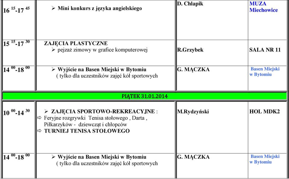 Grzybek SALA NR 11 ( tylko dla uczestników zajęć kół sportowych G. MĄCZKA Basen Miejski w Bytomiu PIĄTEK 31.01.