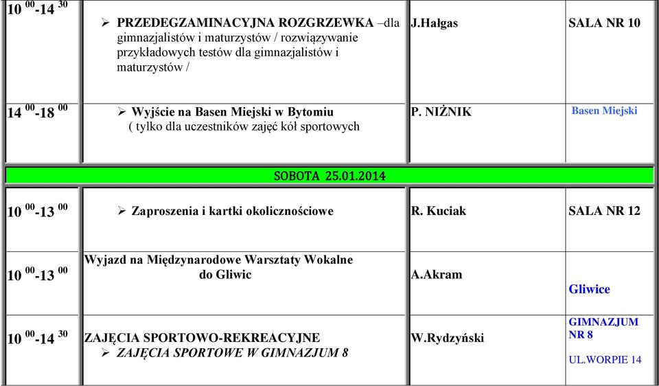 NIŻNIK Basen Miejski SOBOTA 25.01.2014 10 00-13 00 Zaproszenia i kartki okolicznościowe R.