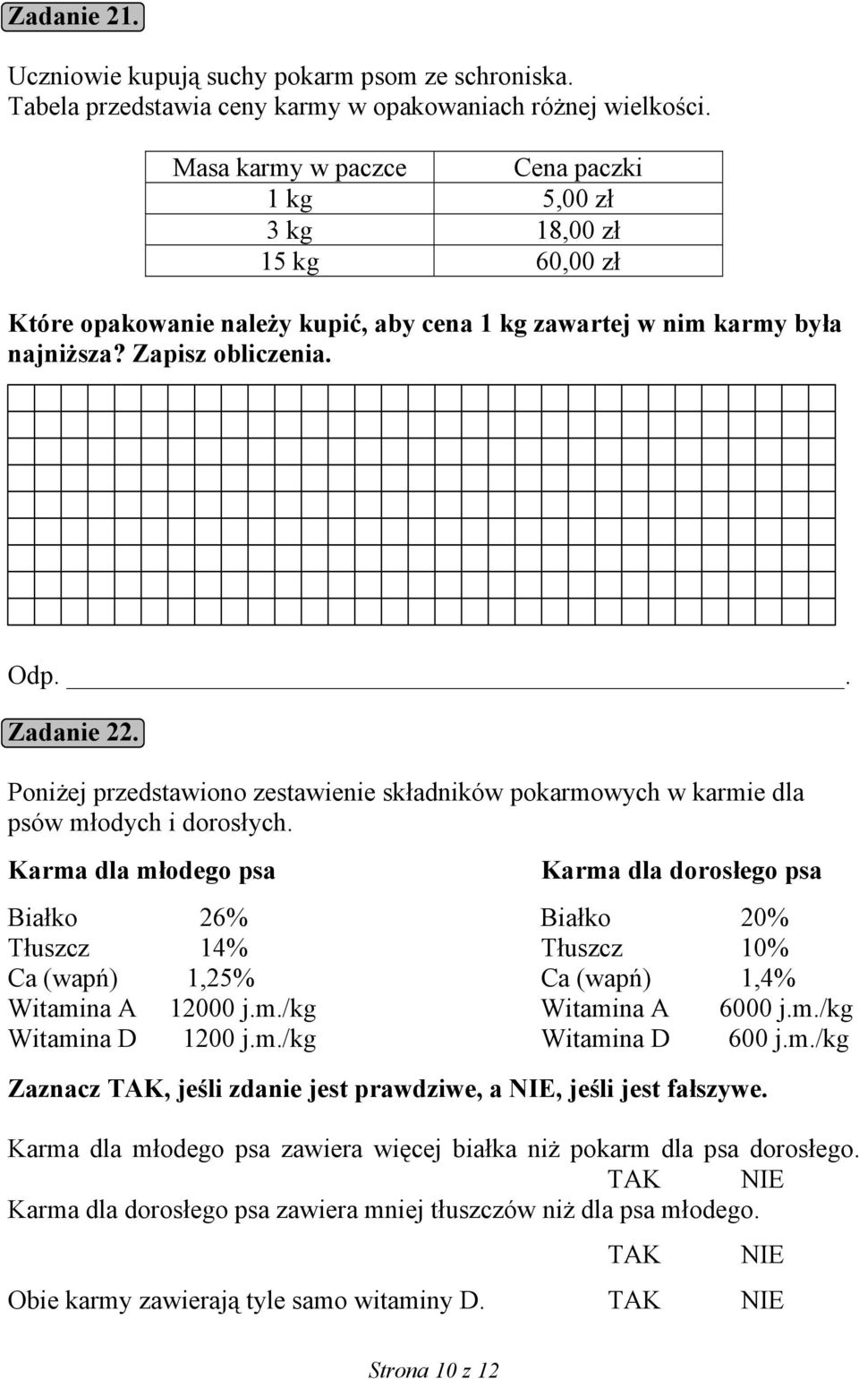 Poniżej przedstawiono zestawienie składników pokarmowych w karmie dla psów młodych i dorosłych.