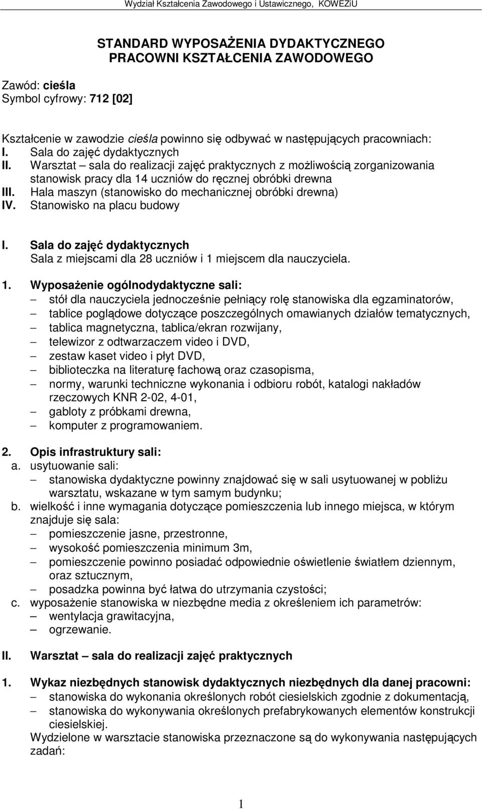 Hala maszyn (stanowisko do mechanicznej obróbki drewna) IV. Stanowisko na placu budowy I. Sala do zaj dydaktycznych Sala z miejscami dla 28 uczniów i 1 