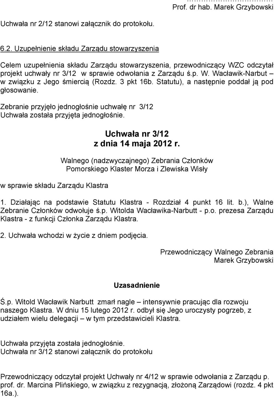p. W. Wacławik-Narbut w związku z Jego śmiercią (Rozdz. 3 pkt 16b. Statutu), a następnie poddał ją pod głosowanie.