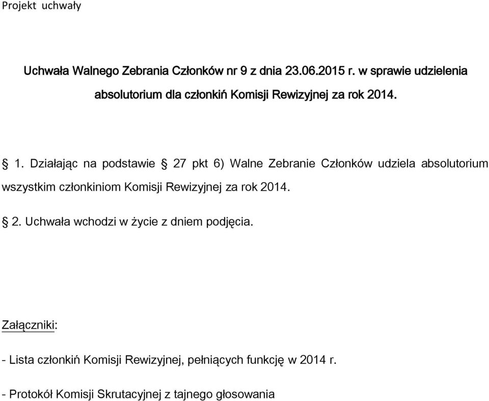 Działając na podstawie 27 pkt 6) Walne Zebranie Członków udziela absolutorium wszystkim członkiniom