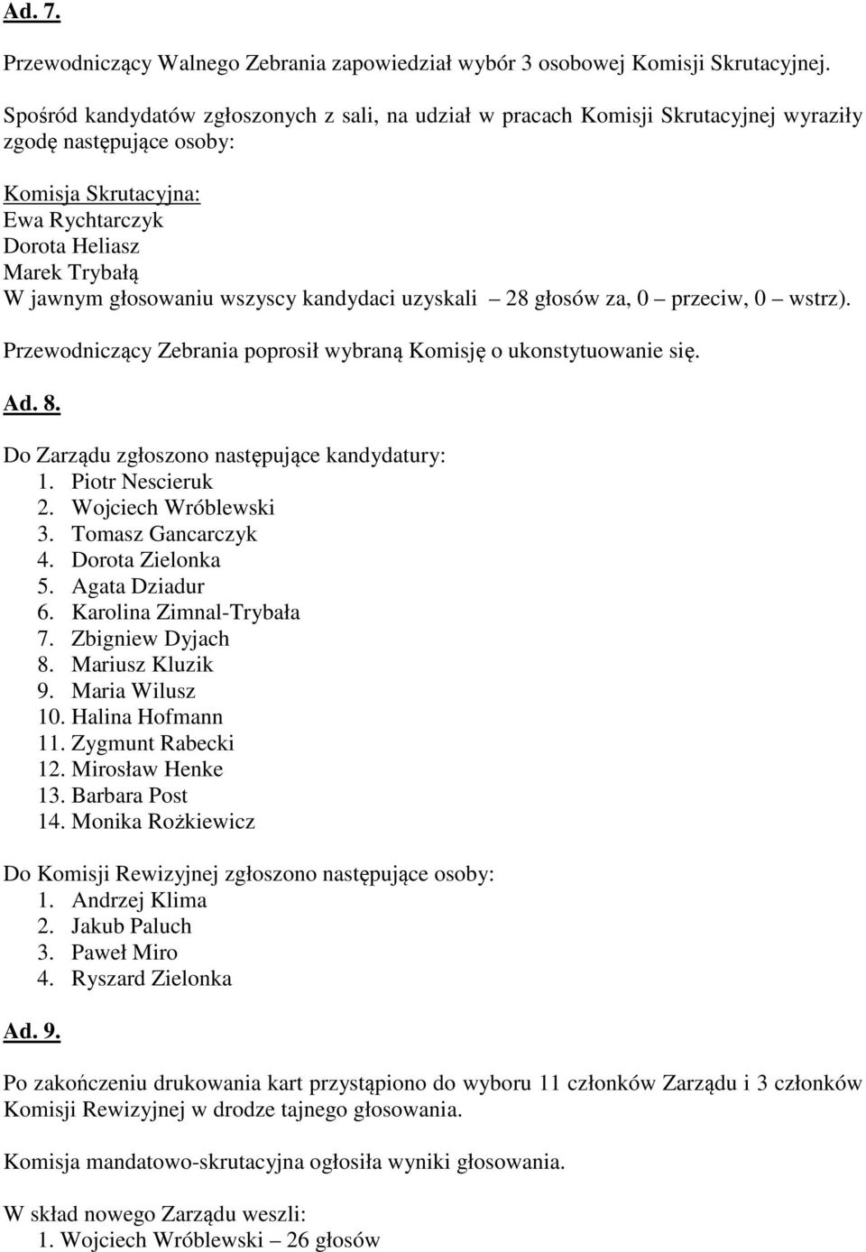 wszyscy kandydaci uzyskali 28 głosów za, 0 przeciw, 0 wstrz). Przewodniczący Zebrania poprosił wybraną Komisję o ukonstytuowanie się. Ad. 8. Do Zarządu zgłoszono następujące kandydatury: 1.