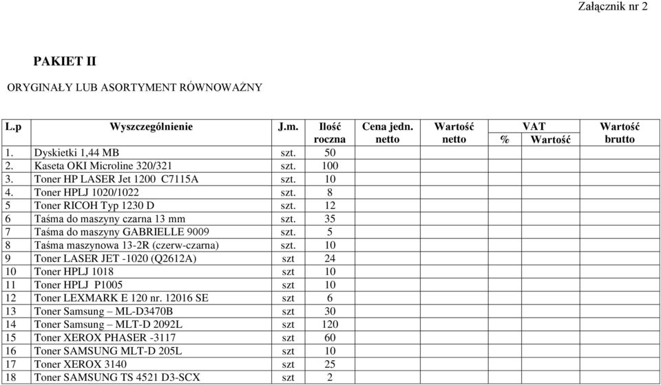 5 8 Taśma maszynowa 13-2R (czerw-czarna) szt. 10 9 Toner LASER JET -1020 (Q2612A) szt 24 10 Toner HPLJ 1018 szt 10 11 Toner HPLJ P1005 szt 10 12 Toner LEXMARK E 120 nr.