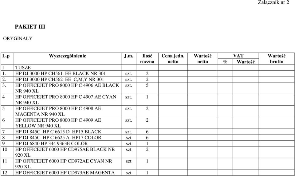 2 MAGENTA NR 940 XL 6 HP OFFICEJET PRO 8000 HP C 4909 AE szt. 2 YELLOW NR 940 XL 7 HP DJ 845C HP C 6615 D HP15 BLACK szt.