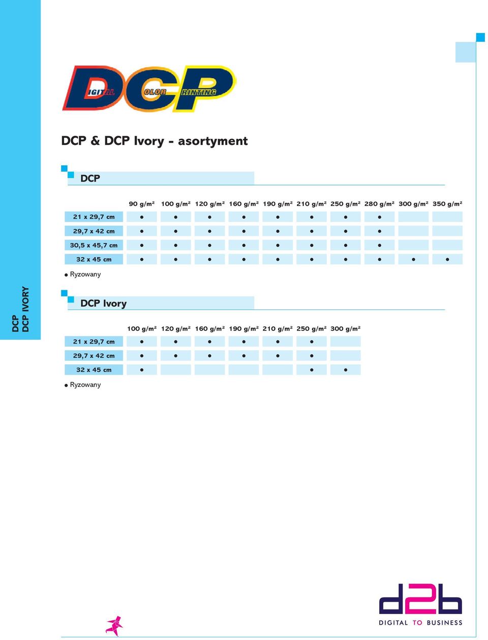 l 32 x 45 cm l l l l l l l l l l l Ryzowany DCP DCP Ivory DCP Ivory 100 g/m² 120 g/m² 160 g/m² 190 g/m²