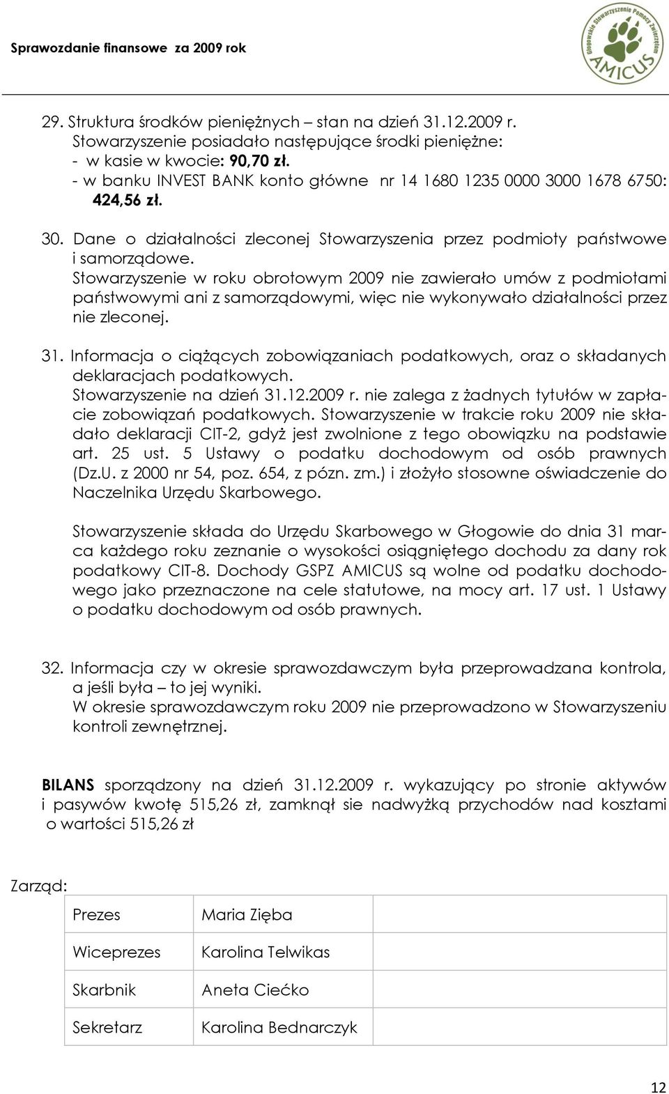 Stowarzyszenie w roku obrotowym 2009 nie zawierało umów z podmiotami państwowymi ani z samorządowymi, więc nie wykonywało działalności przez nie zleconej. 31.