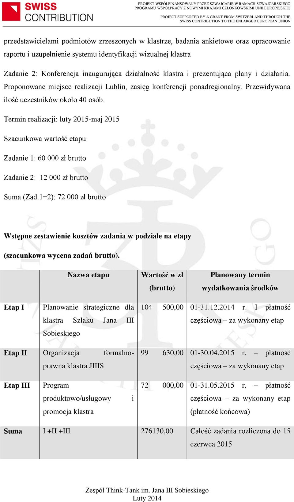 Termin realizacji: luty 2015-maj 2015 Szacunkwa wartść etapu: Zadanie 1: 60 000 zł brutt Zadanie 2: 12 000 zł brutt Suma (Zad.