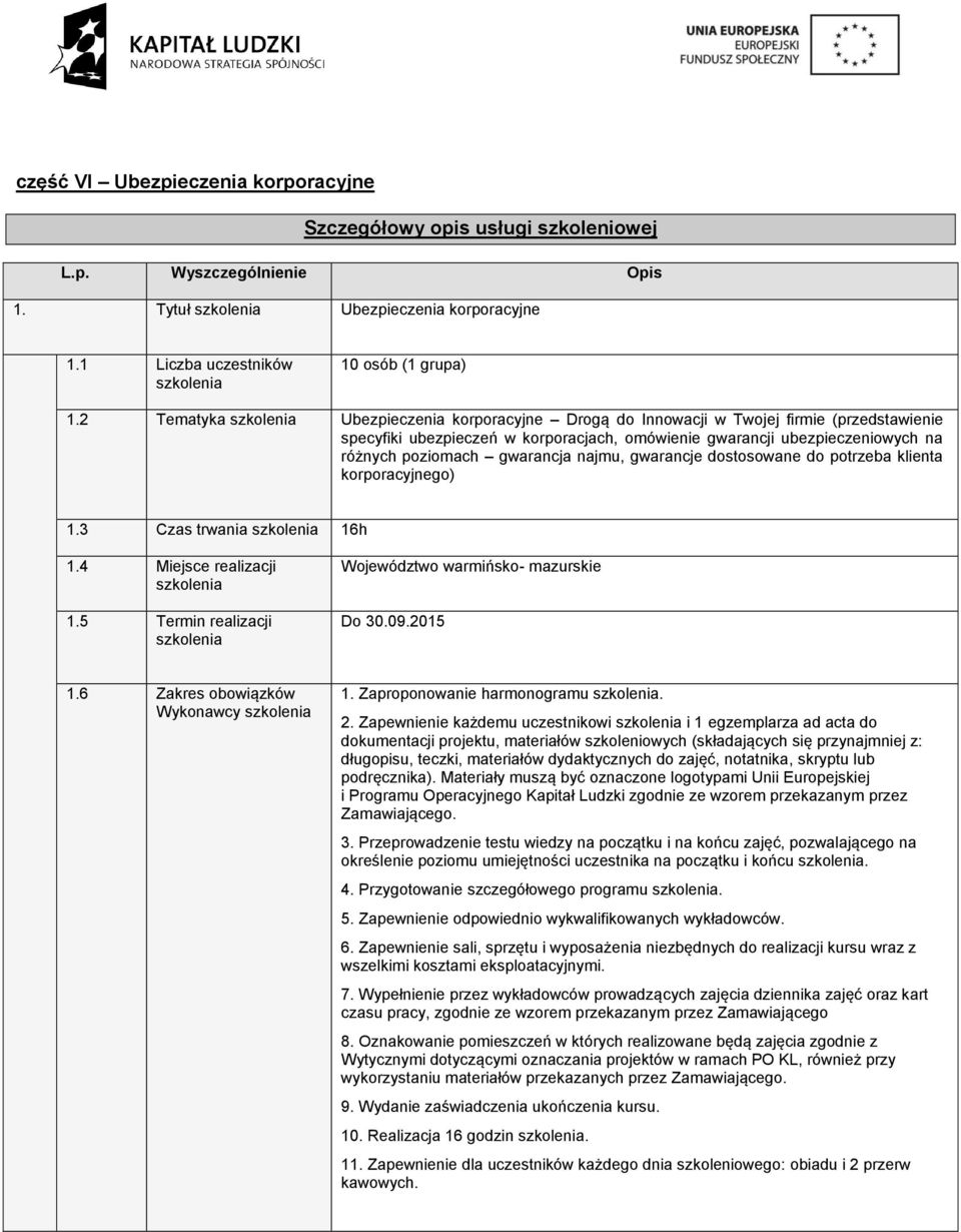 poziomach gwarancja najmu, gwarancje dostosowane do potrzeba klienta korporacyjnego) 1.3 Czas trwania 16h Do 30.09.2015 Wykonawcy 1. Zaproponowanie harmonogramu. 2.