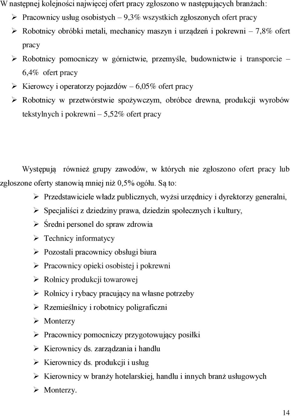 przetwórstwie spożywczym, obróbce drewna, produkcji wyrobów tekstylnych i pokrewni 5,52% ofert pracy Występują również grupy zawodów, w których nie zgłoszono ofert pracy lub zgłoszone oferty stanowią