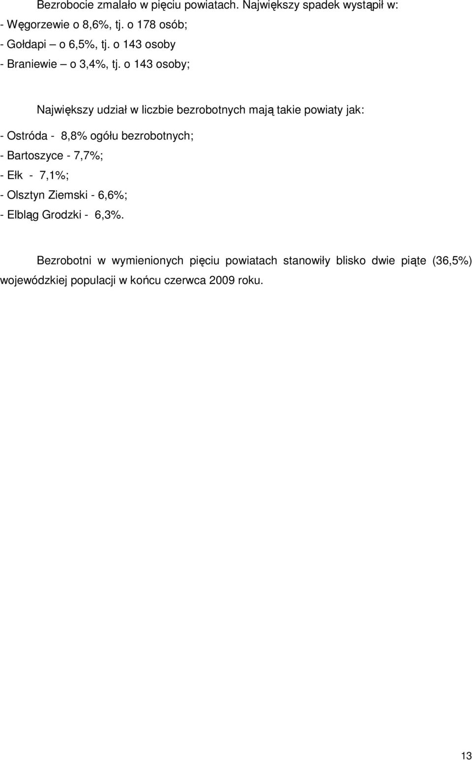 o 143 osoby; Największy udział w liczbie bezrobotnych mają takie powiaty jak: - Ostróda - 8,8% ogółu bezrobotnych; -