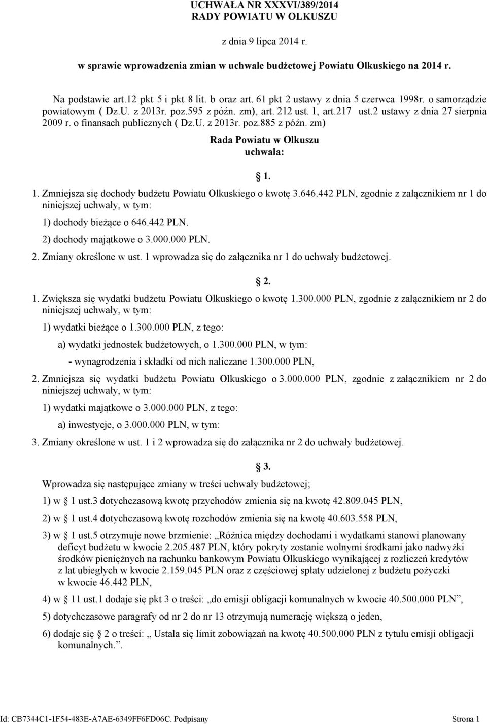 zm) Rada Powiatu w Olkuszu uchwala: 1. 1. Zmniejsza się dochody budżetu Powiatu Olkuskiego o kwotę 3.646.442 PLN, zgodnie z załącznikiem nr 1 do niniejszej uchwały, 1) dochody bieżące o 646.442 PLN. 2) dochody majątkowe o 3.