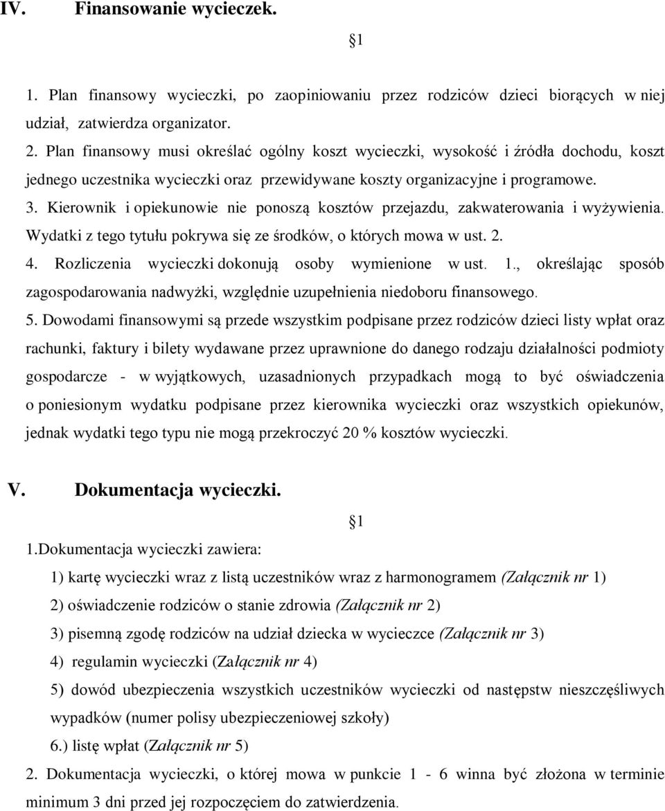 Kierownik i opiekunowie nie ponoszą kosztów przejazdu, zakwaterowania i wyżywienia. Wydatki z tego tytułu pokrywa się ze środków, o których mowa w ust. 2. 4.