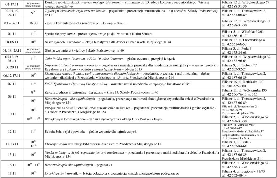 30 Zajęcia komputerowe dla seniorów ph. Dorosły w Sieci... 04.11 11 00 Spotkanie przy kawie - prezentujemy swoje pasje w ramach Klubu Seniora 04,06.