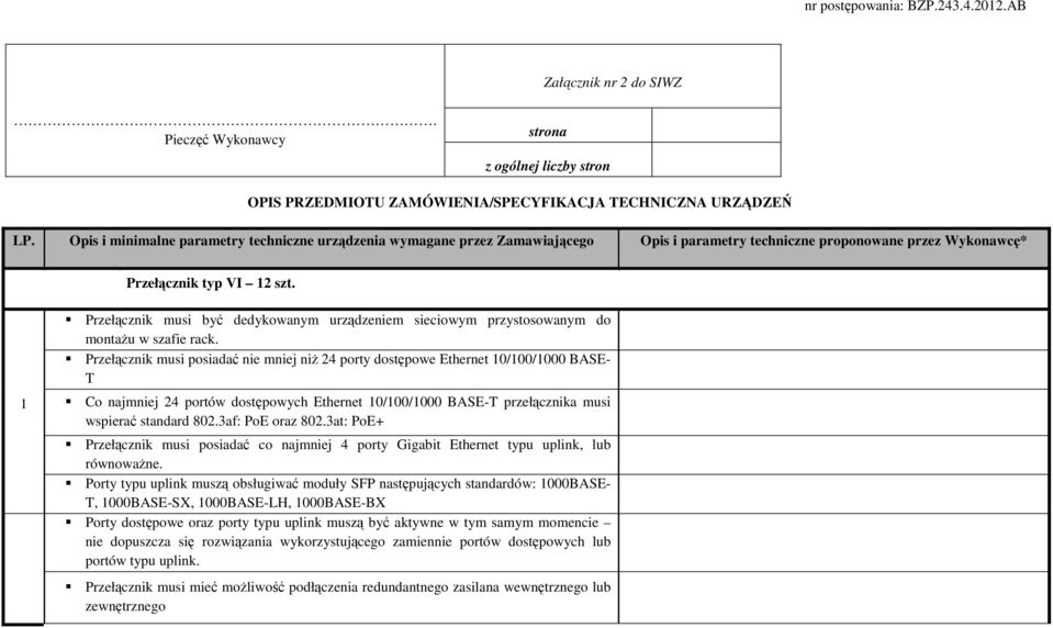 1 Przełącznik musi być dedykowanym urządzeniem sieciowym przystosowanym do montaŝu w szafie rack.