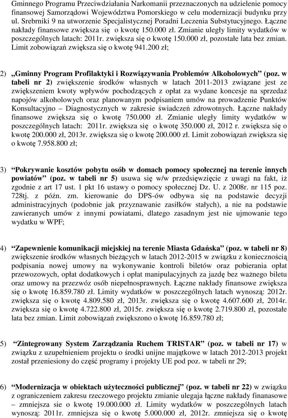 zwiększa się o kwotę 150.000 zł, pozostałe lata bez zmian. Limit zobowiązań zwiększa się o kwotę 941.200 zł; 2) Gminny Program Profilaktyki i Rozwiązywania Problemów Alkoholowych (poz.
