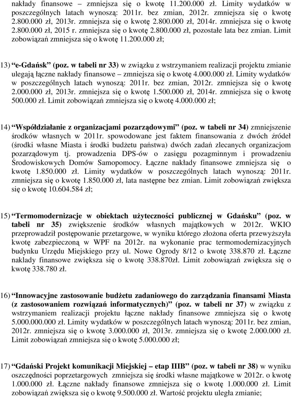 w tabeli nr 33) w związku z wstrzymaniem realizacji projektu zmianie ulegają łączne nakłady finansowe zmniejsza się o kwotę 4.000.000 zł. Limity wydatków w poszczególnych latach wynoszą: 2011r.