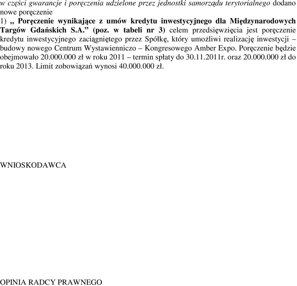 w tabeli nr 3) celem przedsięwzięcia jest poręczenie kredytu inwestycyjnego zaciągniętego przez Spółkę, który umoŝliwi realizację inwestycji budowy