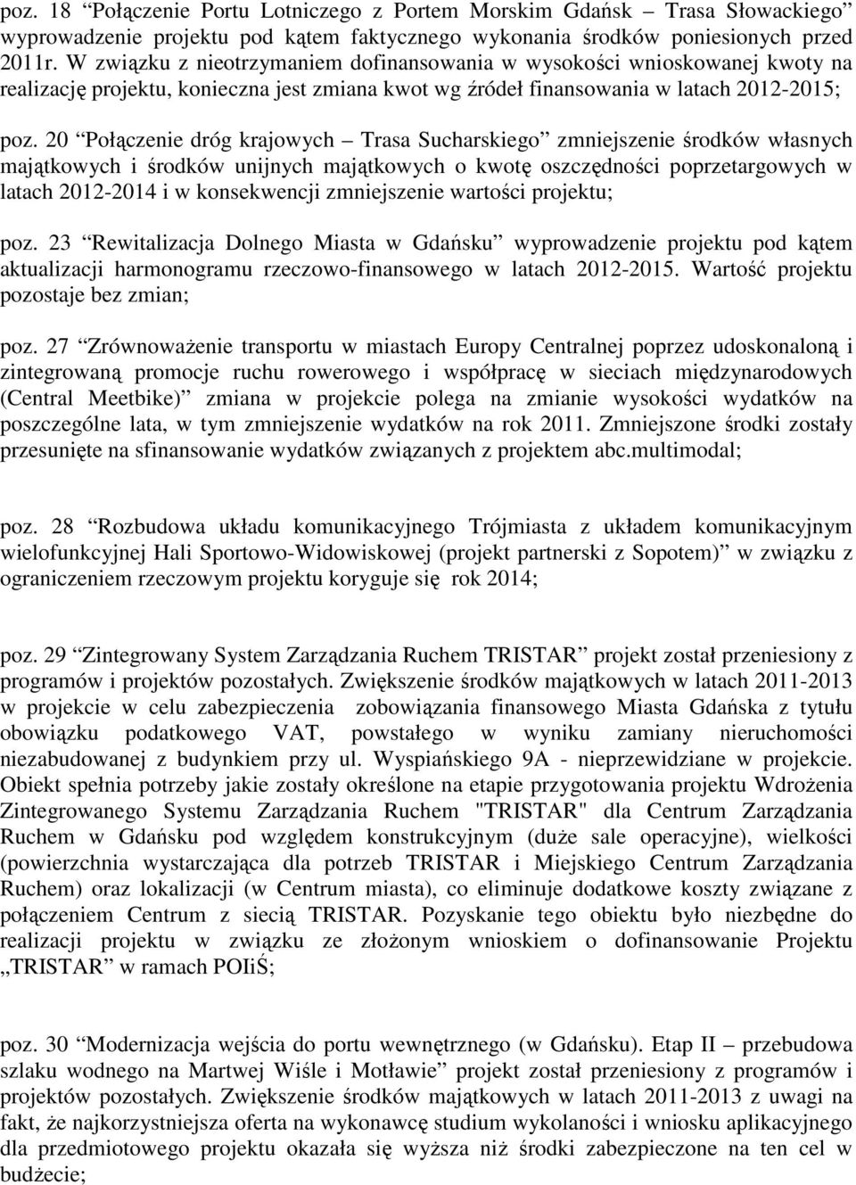 20 Połączenie dróg krajowych Trasa Sucharskiego zmniejszenie środków własnych majątkowych i środków unijnych majątkowych o kwotę oszczędności poprzetargowych w latach 2012-2014 i w konsekwencji