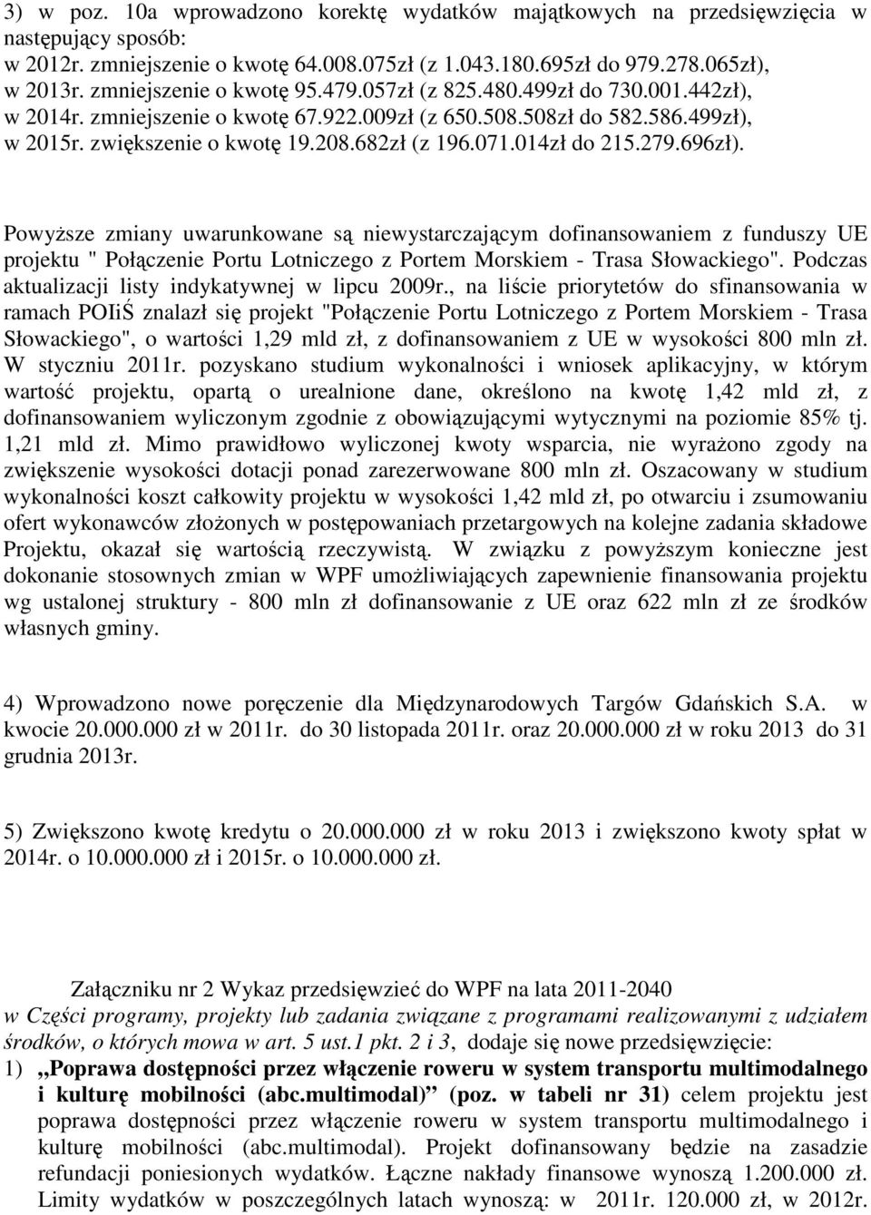 071.014zł do 215.279.696zł). PowyŜsze zmiany uwarunkowane są niewystarczającym dofinansowaniem z funduszy UE projektu " Połączenie Portu Lotniczego z Portem Morskiem - Trasa Słowackiego".