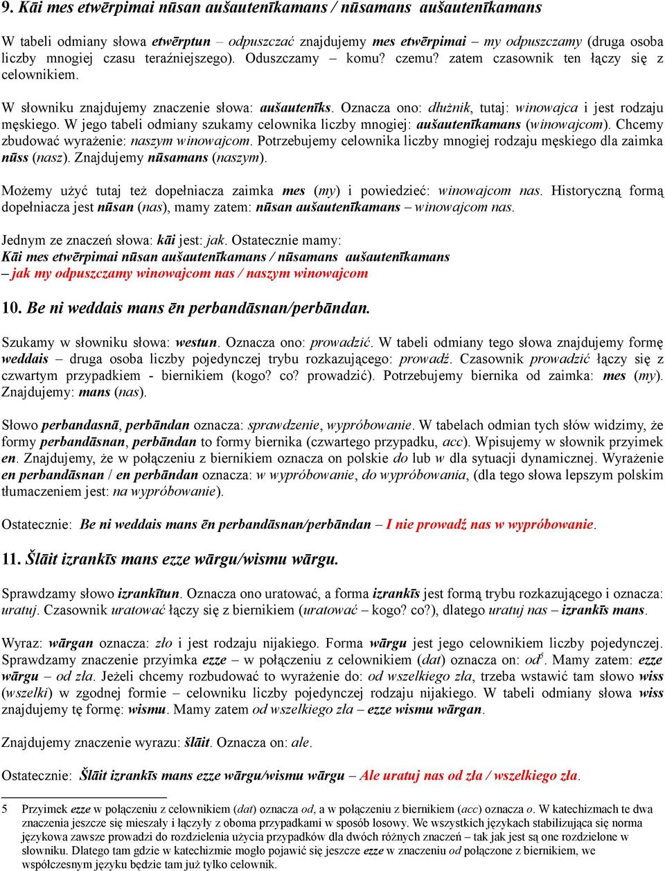 Oznacza ono: dłużnik, tutaj: winowajca i jest rodzaju męskiego. W jego tabeli odmiany szukamy celownika liczby mnogiej: aušautenīkamans (winowajcom). Chcemy zbudować wyrażenie: naszym winowajcom.