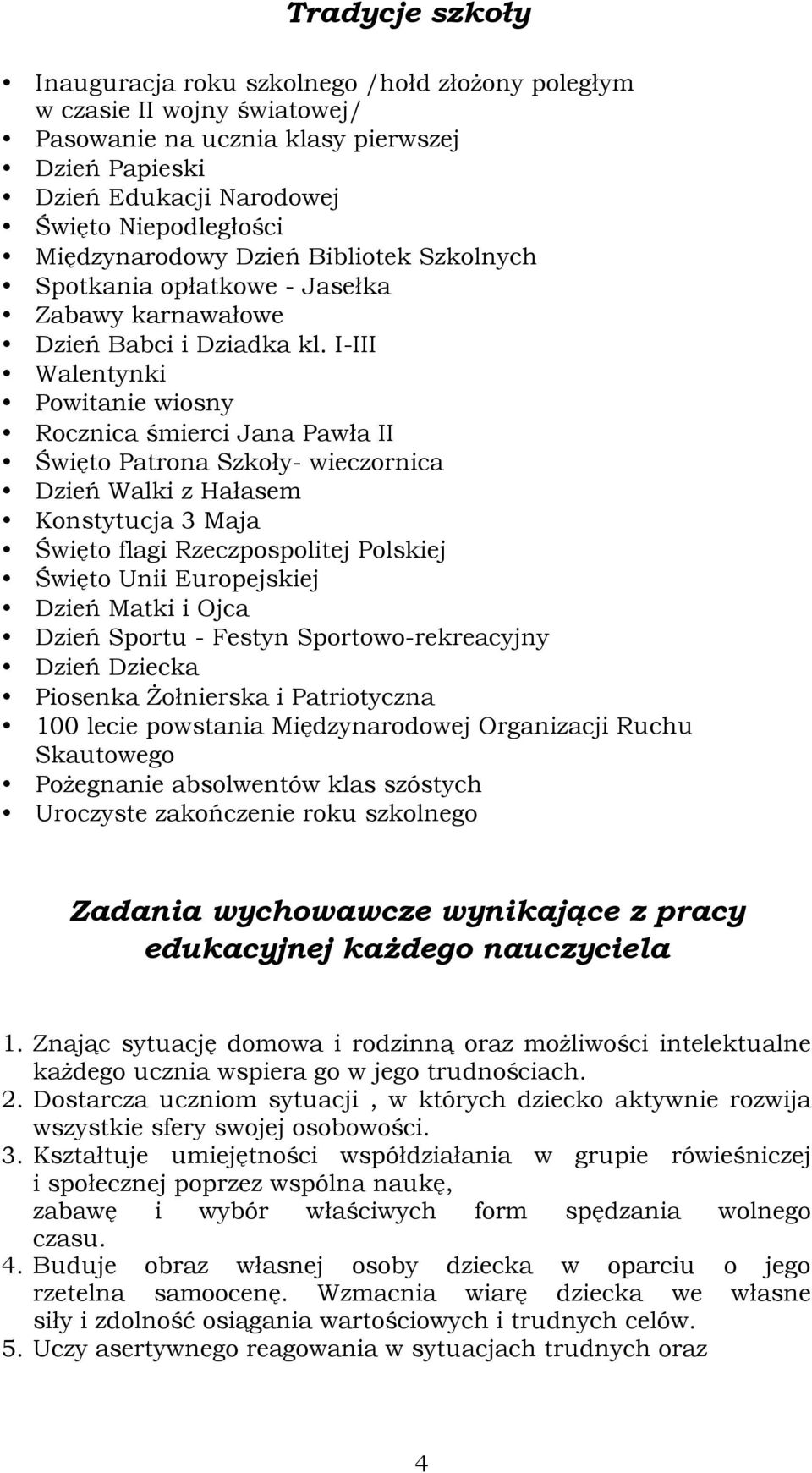 I-III Walentynki Powitanie wiosny Rocznica śmierci Jana Pawła II Święto Patrona Szkoły- wieczornica Dzień Walki z Hałasem Konstytucja 3 Maja Święto flagi Rzeczpospolitej Polskiej Święto Unii
