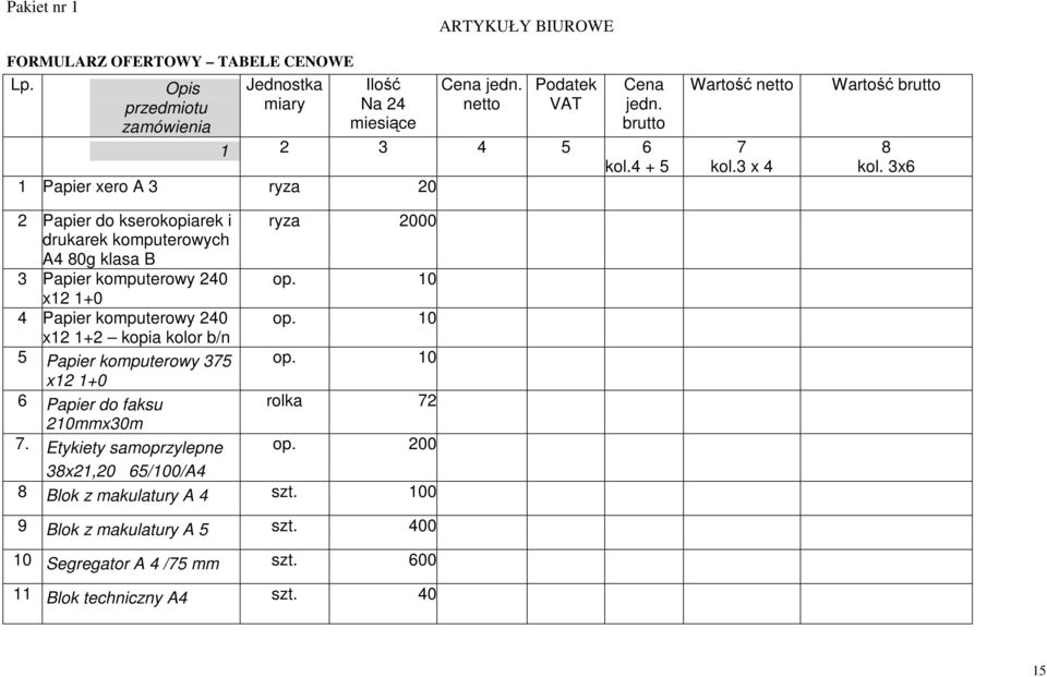 3x6 2 Papier do kserokopiarek i ryza 2000 drukarek komputerowych A4 80g klasa B 3 Papier komputerowy 240 op. 10 x12 1+0 4 Papier komputerowy 240 op.