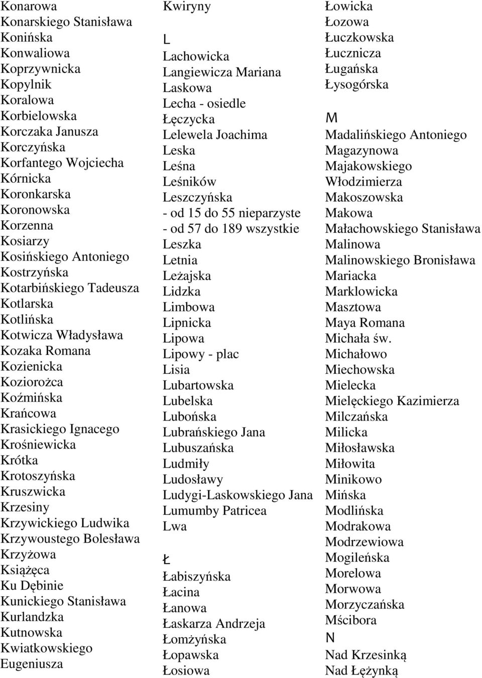 Krotoszyńska Kruszwicka Krzesiny Krzywickiego Ludwika Krzywoustego Bolesława Krzyżowa Książęca Ku Dębinie Kunickiego Stanisława Kurlandzka Kutnowska Kwiatkowskiego Eugeniusza Kwiryny L Lachowicka
