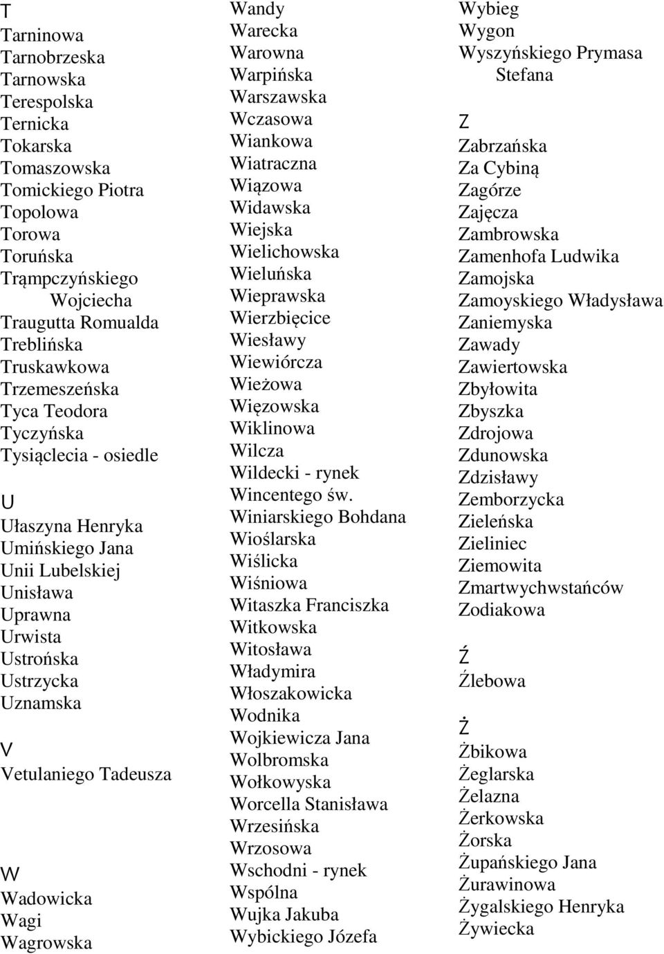 Wagi Wagrowska Wandy Warecka Warowna Warpińska Warszawska Wczasowa Wiankowa Wiatraczna Wiązowa Widawska Wiejska Wielichowska Wieluńska Wieprawska Wierzbięcice Wiesławy Wiewiórcza Wieżowa Więzowska