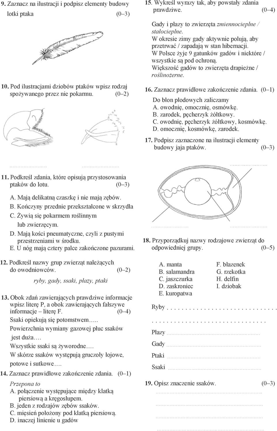 ilustracjami dziobów ptaków wpisz rodzaj spożywanego przez nie pokarmu (0 2) 16 Zaznacz prawidłowe zakończenie zdania (0 1) Do błon płodowych zaliczamy A owodnię, omocznię, osmówkę B zarodek,