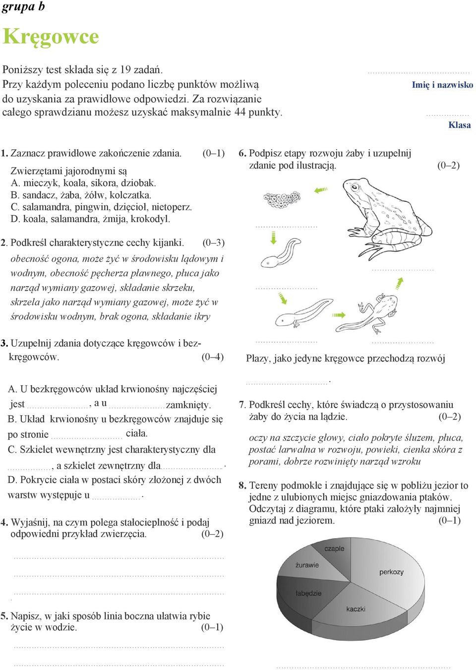 dzięcioł, nietoperz D koala, salamandra, żmija, krokodyl 6 Podpisz etapy rozwoju żaby i uzupełnij zdanie pod ilustracją (0 2) 2 Podkreśl charakterystyczne cechy kijanki (0 3) obecność ogona, może żyć