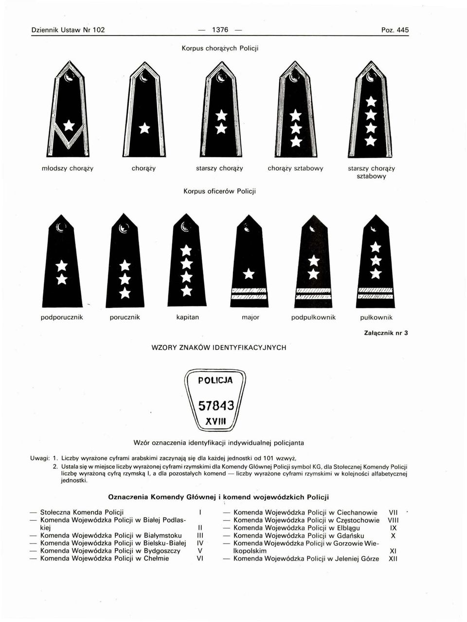 Załącznik nr 3 WZORY ZNAKOW IDENTYFIKACYJNYCH POLICJA Wzór oznaczenia identyfikacji indywidualnej policjanta Uwagi:. Liczby wyrażone cyframi arabskimi zaczynają się dla każdej jednostki od 0 wzwyż, 2.