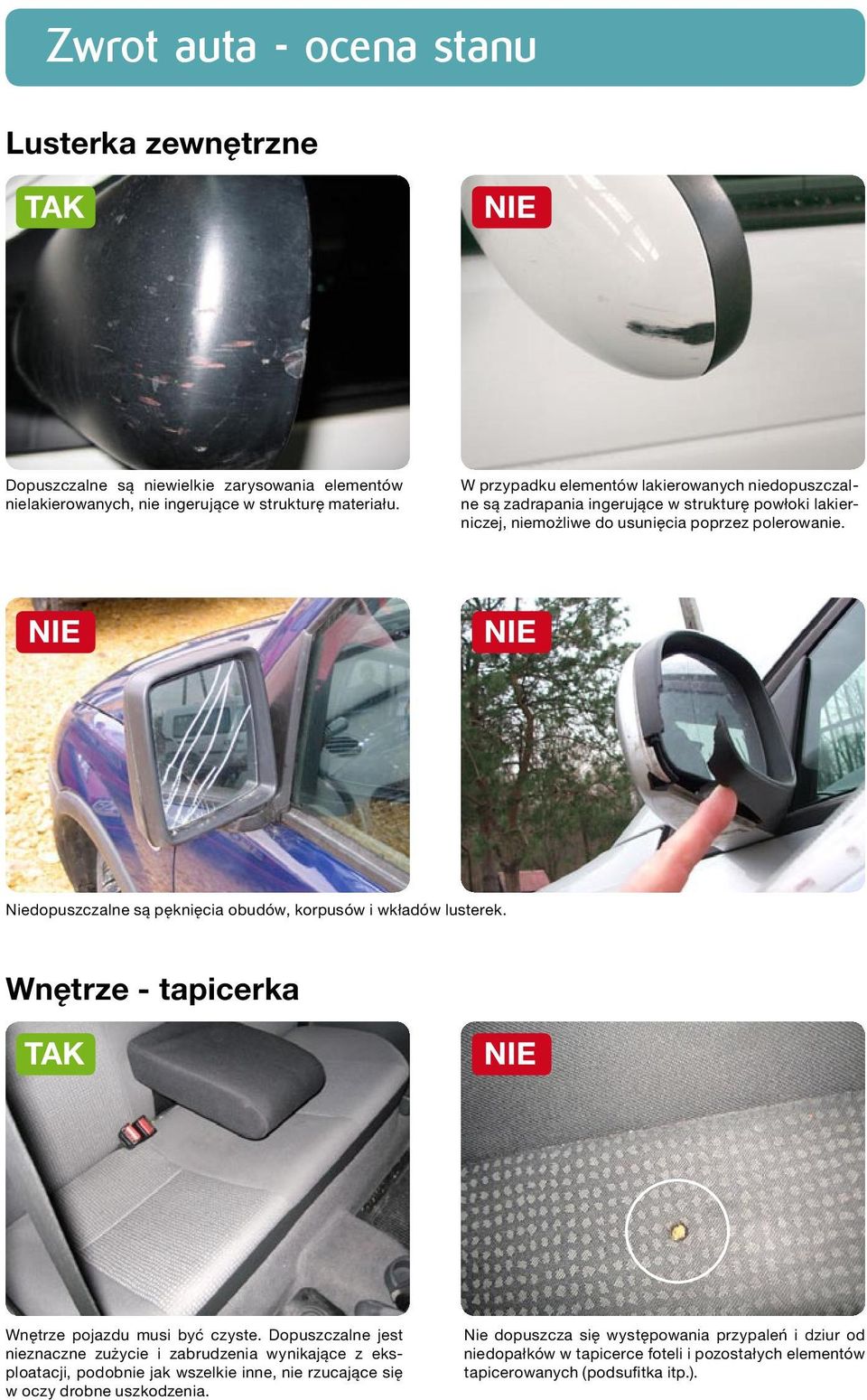 Niedopuszczalne są pęknięcia obudów, korpusów i wkładów lusterek. Wnętrze - tapicerka Wnętrze pojazdu musi być czyste.