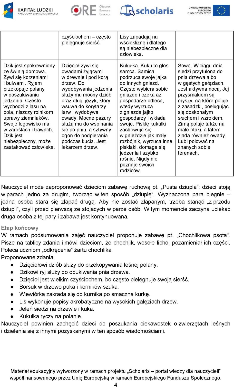 Dzik jest niebezpieczny, może zaatakować człowieka. Dzięcioł żywi się owadami żyjącymi w drewnie i pod korą drzew.