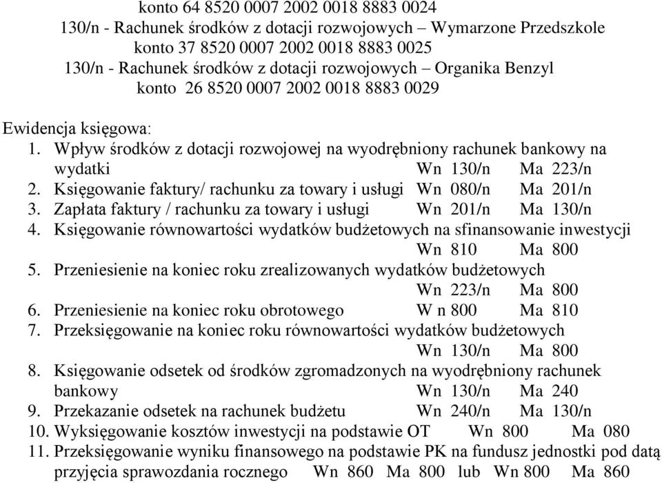 Księgowanie faktury/ rachunku za towary i usługi Wn 080/n Ma 201/n 3. Zapłata faktury / rachunku za towary i usługi Wn 201/n Ma 130/n 4.