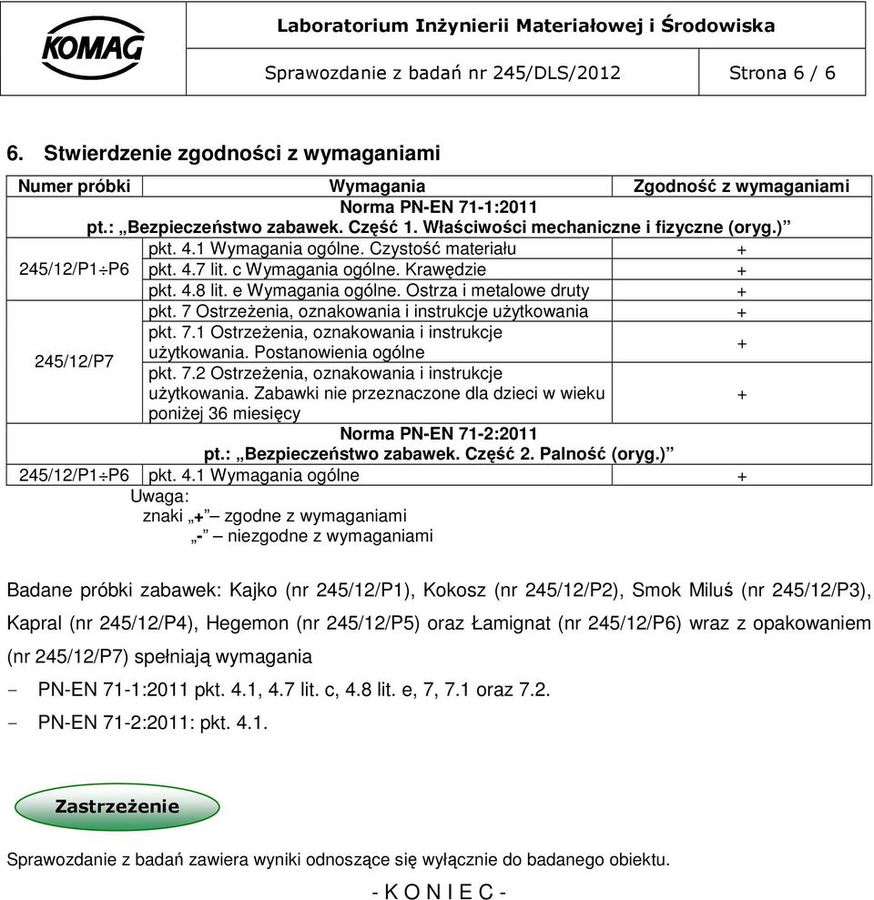 Ostrza i metalowe druty + pkt. 7 Ostrzeżenia, oznakowania i instrukcje użytkowania + pkt. 7.1 Ostrzeżenia, oznakowania i instrukcje + użytkowania. Postanowienia ogólne pkt. 7.2 Ostrzeżenia, oznakowania i instrukcje użytkowania.