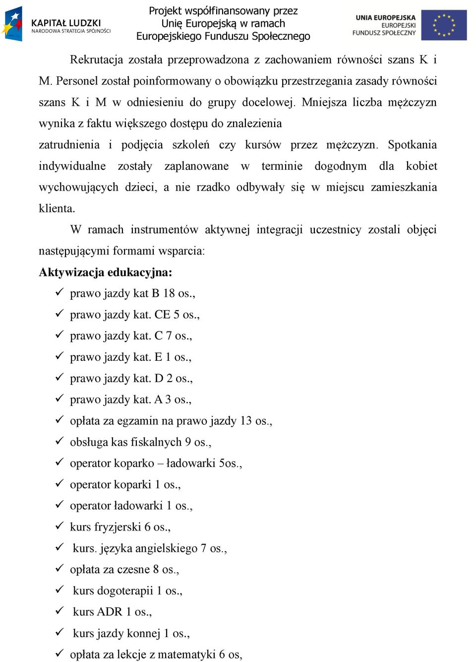 Spotkania indywidualne zostały zaplanowane w terminie dogodnym dla kobiet wychowujących dzieci, a nie rzadko odbywały się w miejscu zamieszkania klienta.