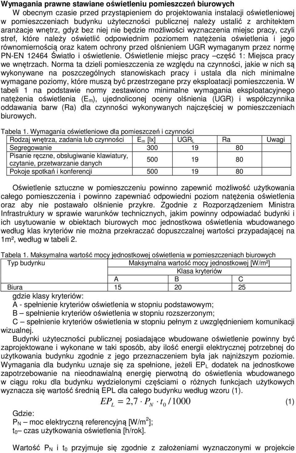 równomiernością oraz katem ochrony przed olśnieniem UGR wymaganym przez normę PN-EN 12464 Światło i oświetlenie. Oświetlenie miejsc pracy część 1: Miejsca pracy we wnętrzach.