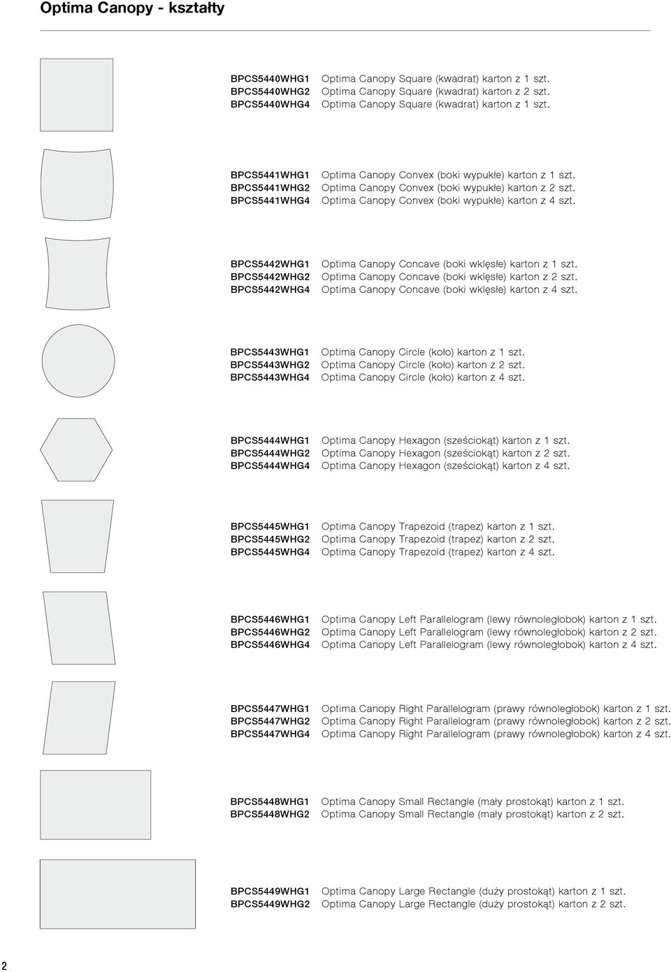 Optima Canopy Convex (boki wypukłe) karton z 4 szt. BPCS5442WHG1 BPCS5442WHG2 BPCS5442WHG4 Optima Canopy Concave (boki wklęsłe) karton z 1 szt. Optima Canopy Concave (boki wklęsłe) karton z 2 szt.