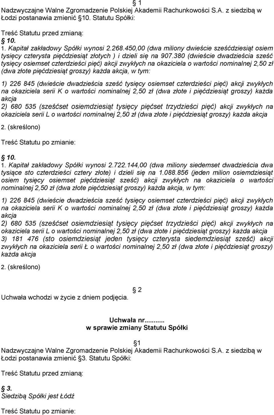 380 (dwieście dwadzieścia sześć tysięcy osiemset czterdzieści pięć) akcji zwykłych na okaziciela o wartości nominalnej 2,50 zł (dwa złote pięćdziesiąt groszy) każda akcja, w tym: 1) 226 845 (dwieście