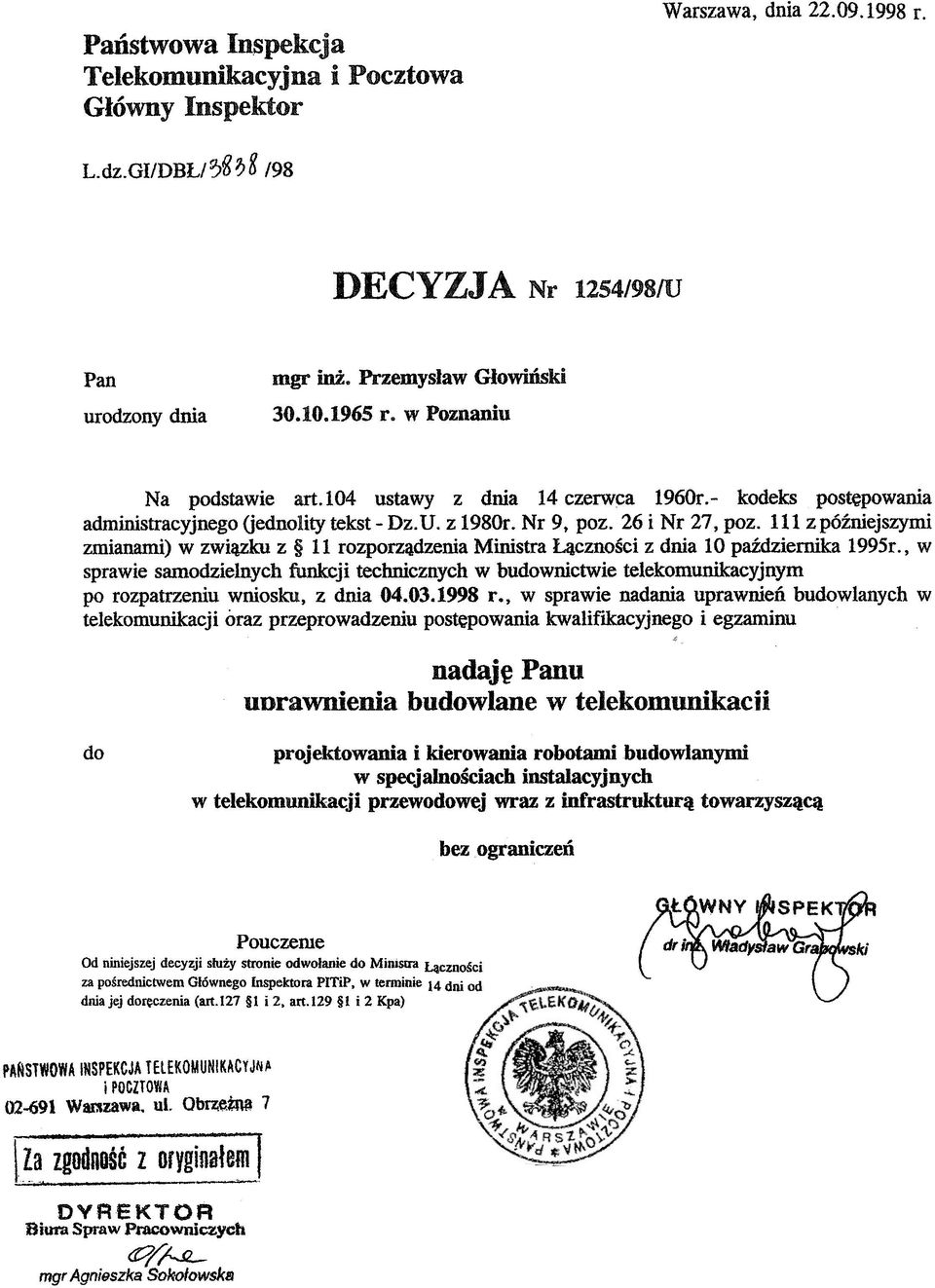 111 z póÿniejszymi zmianami) w zwi¹zku z 11 rozporz¹dzenia Ministra ¹cznoœci z dnia 10 paÿdziernika 1995r.