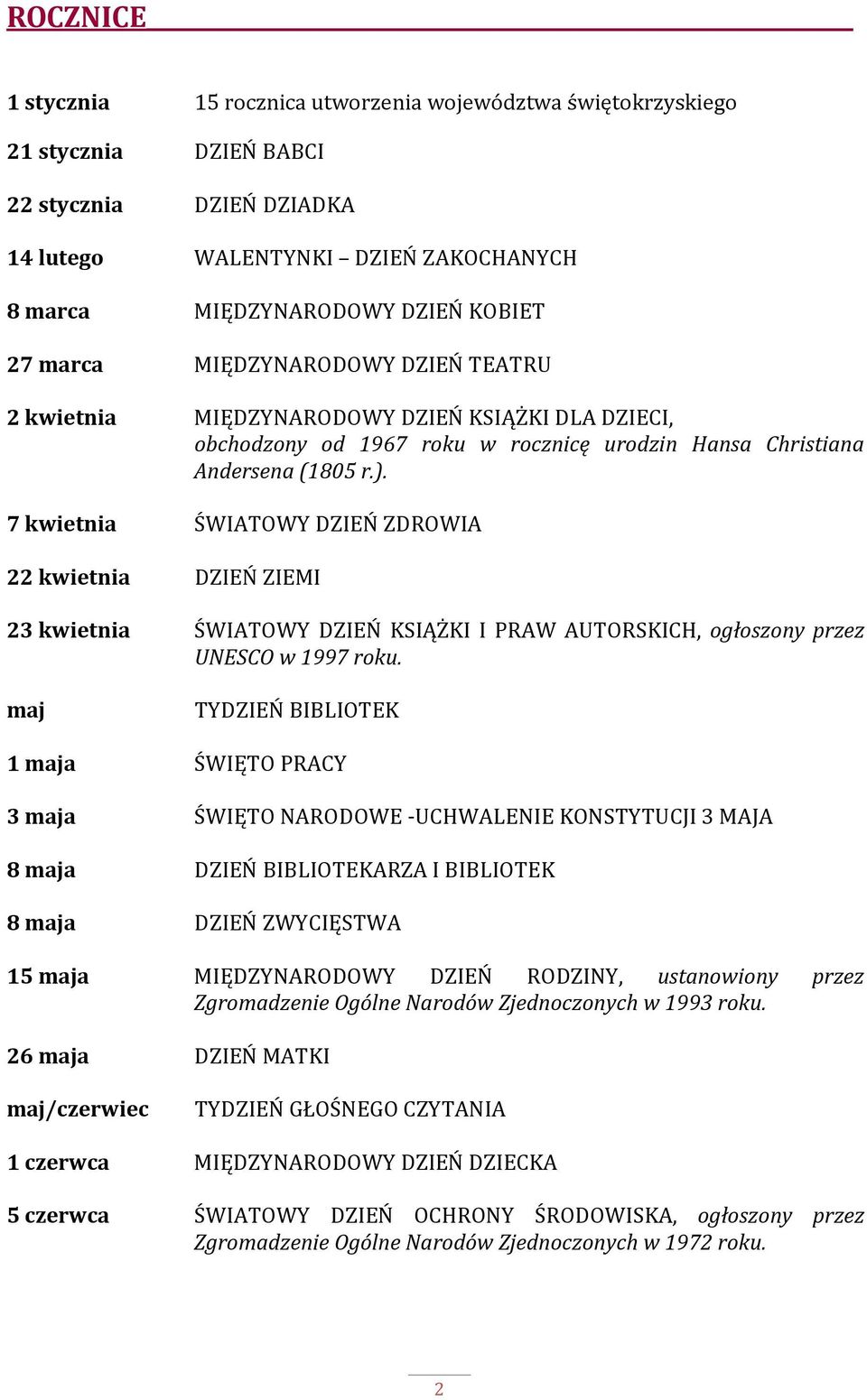 7 kwietnia ŚWIATOWY DZIEŃ ZDROWIA 22 kwietnia DZIEŃ ZIEMI 23 kwietnia ŚWIATOWY DZIEŃ KSIĄŻKI I PRAW AUTORSKICH, ogłoszony przez UNESCO w 1997 roku.