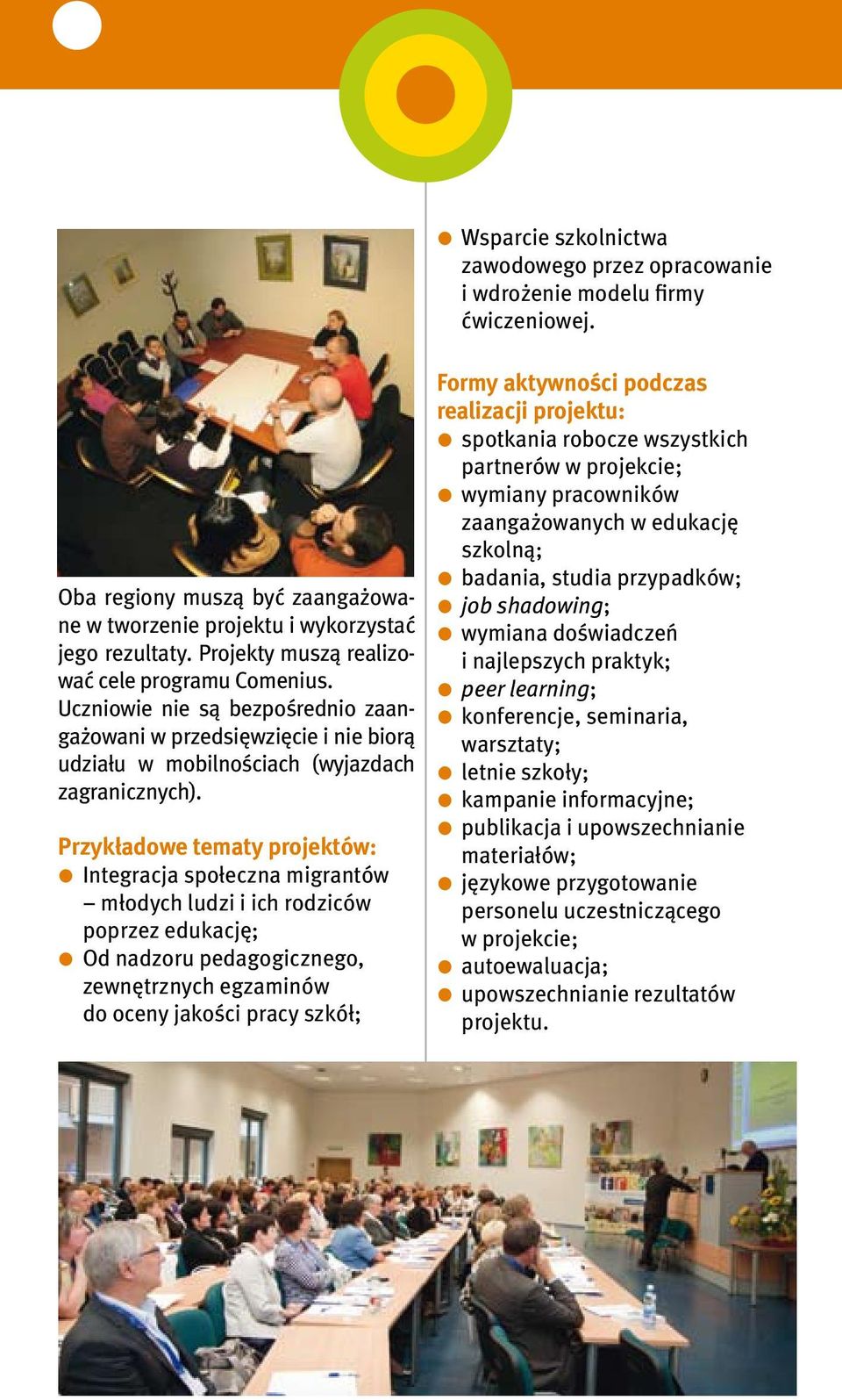 Przykładowe tematy projektów: Integracja społeczna migrantów młodych ludzi i ich rodziców poprzez edukację; Od nadzoru pedagogicznego, zewnętrznych egzaminów do oceny jakości pracy szkół; Formy
