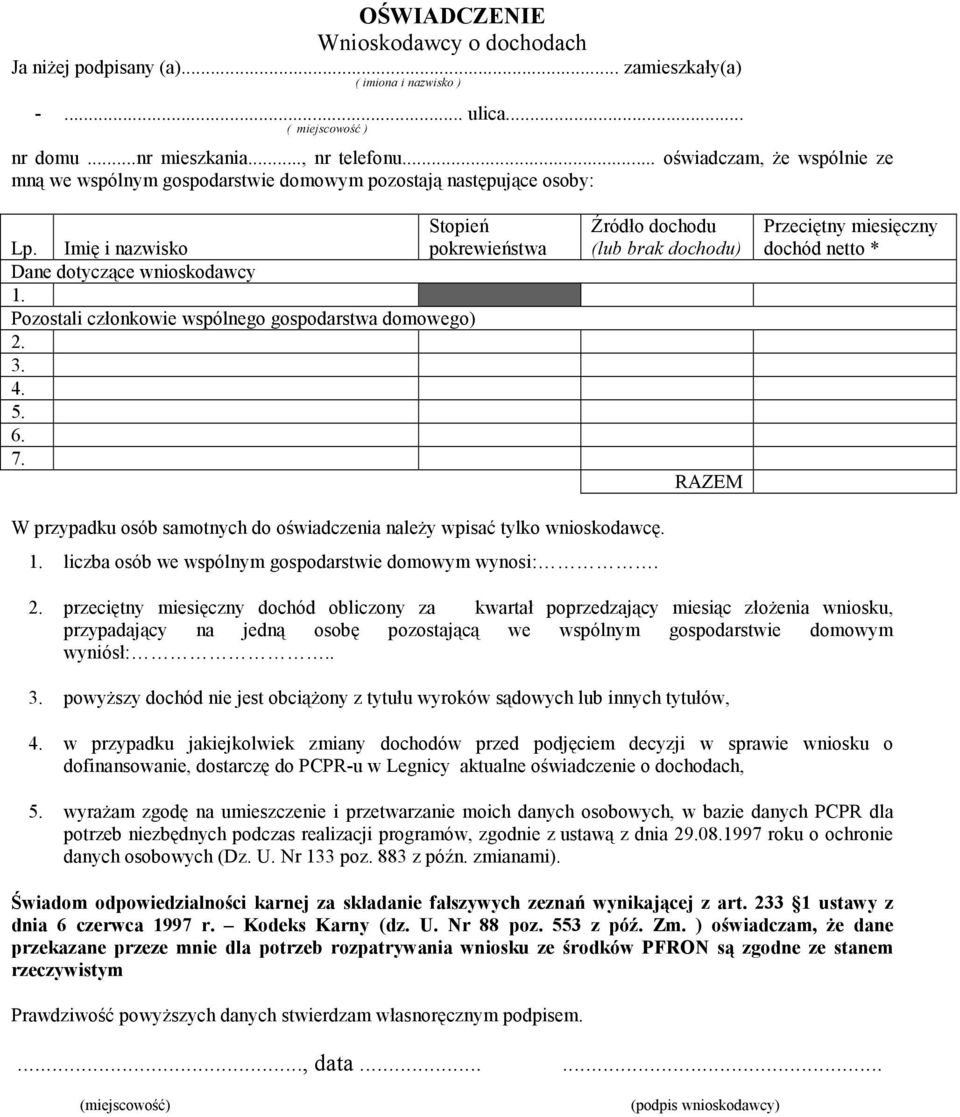Pozostali członkowie wspólnego gospodarstwa domowego) 2. 3. 4. 5. 6. 7.